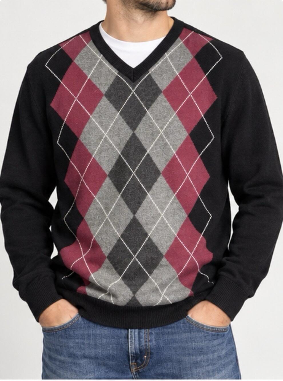 Van Heusen Mens Argyle V Neck Sweater Size L Black Burgundy Gray NWT